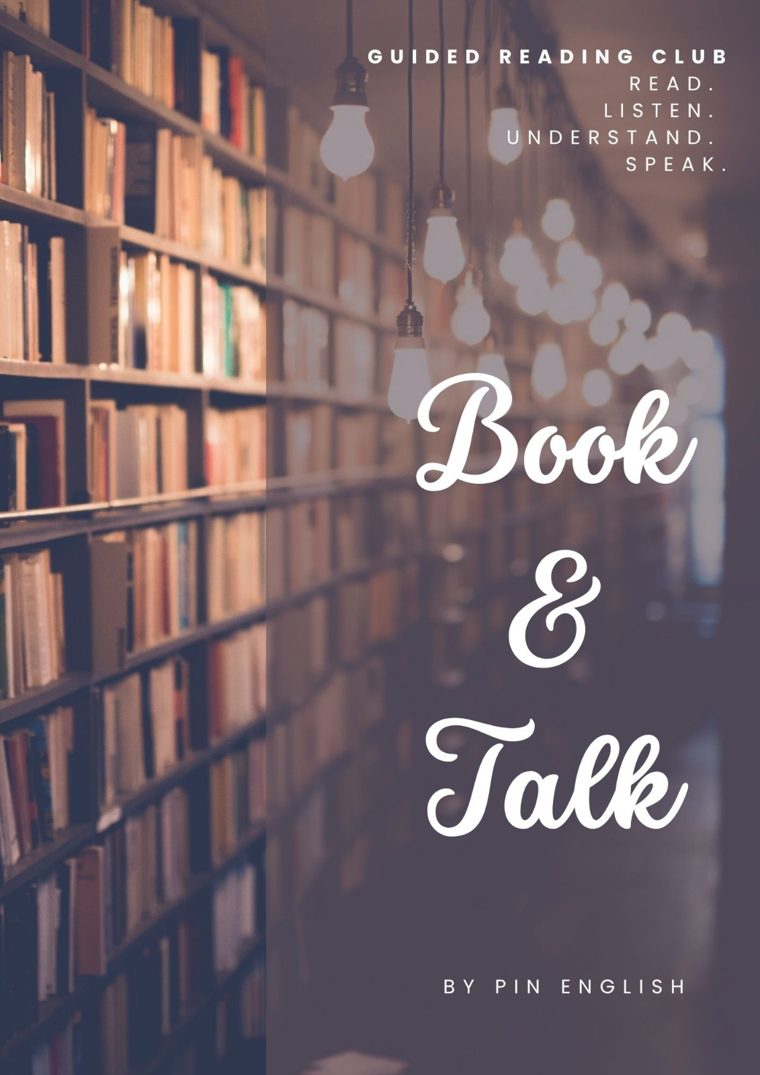 Book & Talk, guided reading club PIN English: Read. Listen. Understand. Speak. Rafturi cu cărți și becuri atârnate într-o bibliotecă