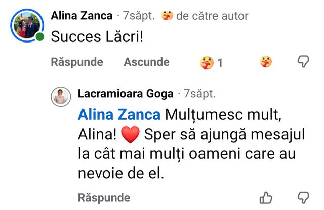 Comentariu Facebook, Alina Zanca: „Succes Lăcri!”, cu răspunsul Lacramioarei Goga.