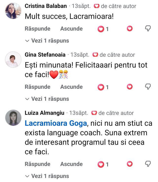 Comentarii Facebook, Cristina Balaban și Luiza Almangiu, despre metoda PIN English.