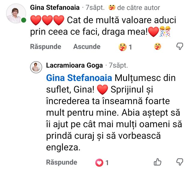 Comentariu Facebook, Gina Stefanoaia: „Cât de multă valoare aduci prin ceea ce faci, draga mea!”