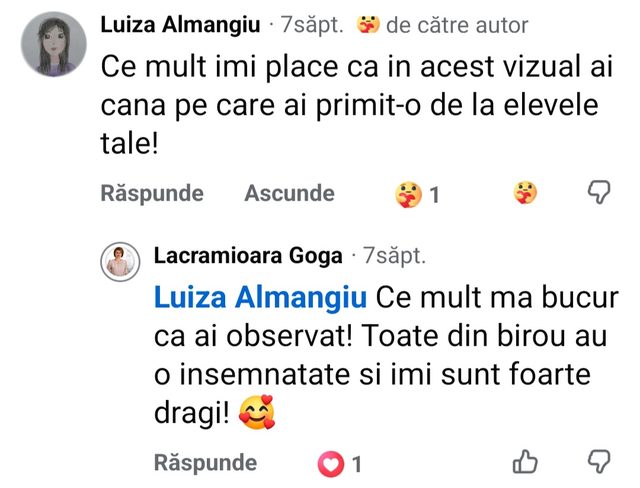 Comentariu Facebook, Luiza Almangiu, despre cana primită în dar de la eleve, cu răspunsul Lacramioarei Goga.