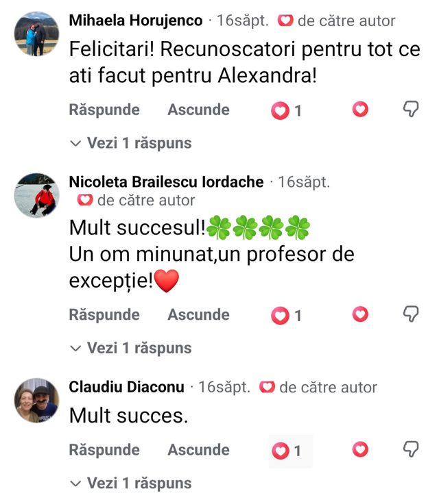 Comentariu Facebook, Mihaela Horujenco: „Recunoscători pentru tot ce ați făcut pentru Alexandra!”