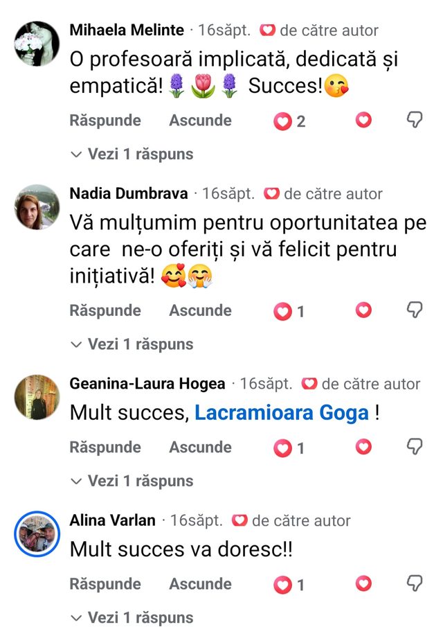 Comentariu Facebook, Mihaela Melinte: „O profesoară implicată, dedicată și empatică!”