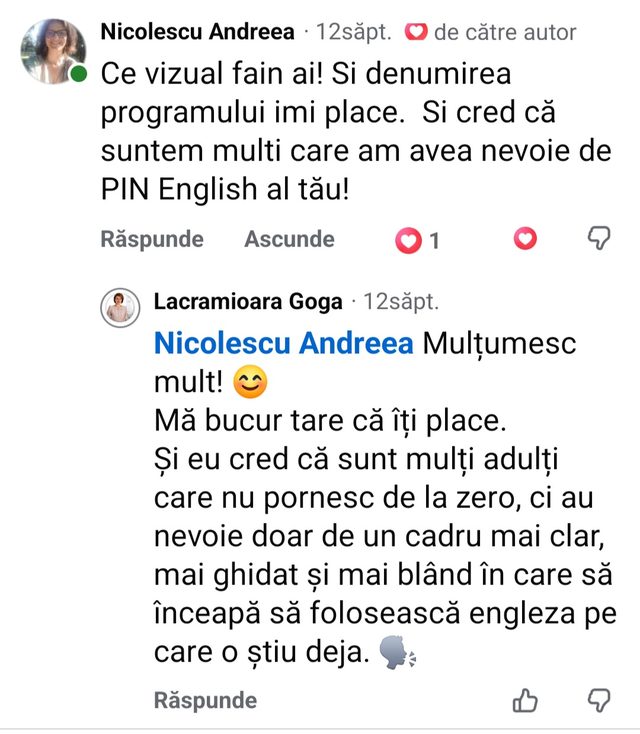 Comentariu Facebook, Nicolescu Andreea: „Cred că suntem mulți care am avea nevoie de PIN English al tău!”, cu răspunsul Lacramioarei Goga.