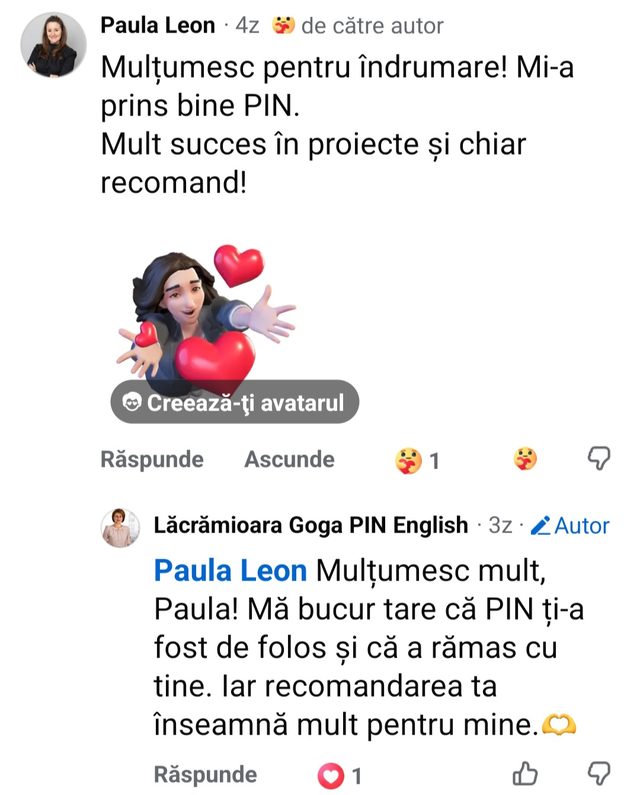 Comentariu Facebook, Paula Leon: „Mulțumesc pentru îndrumare! Mi-a prins bine PIN. Mult succes în proiecte și chiar recomand!”